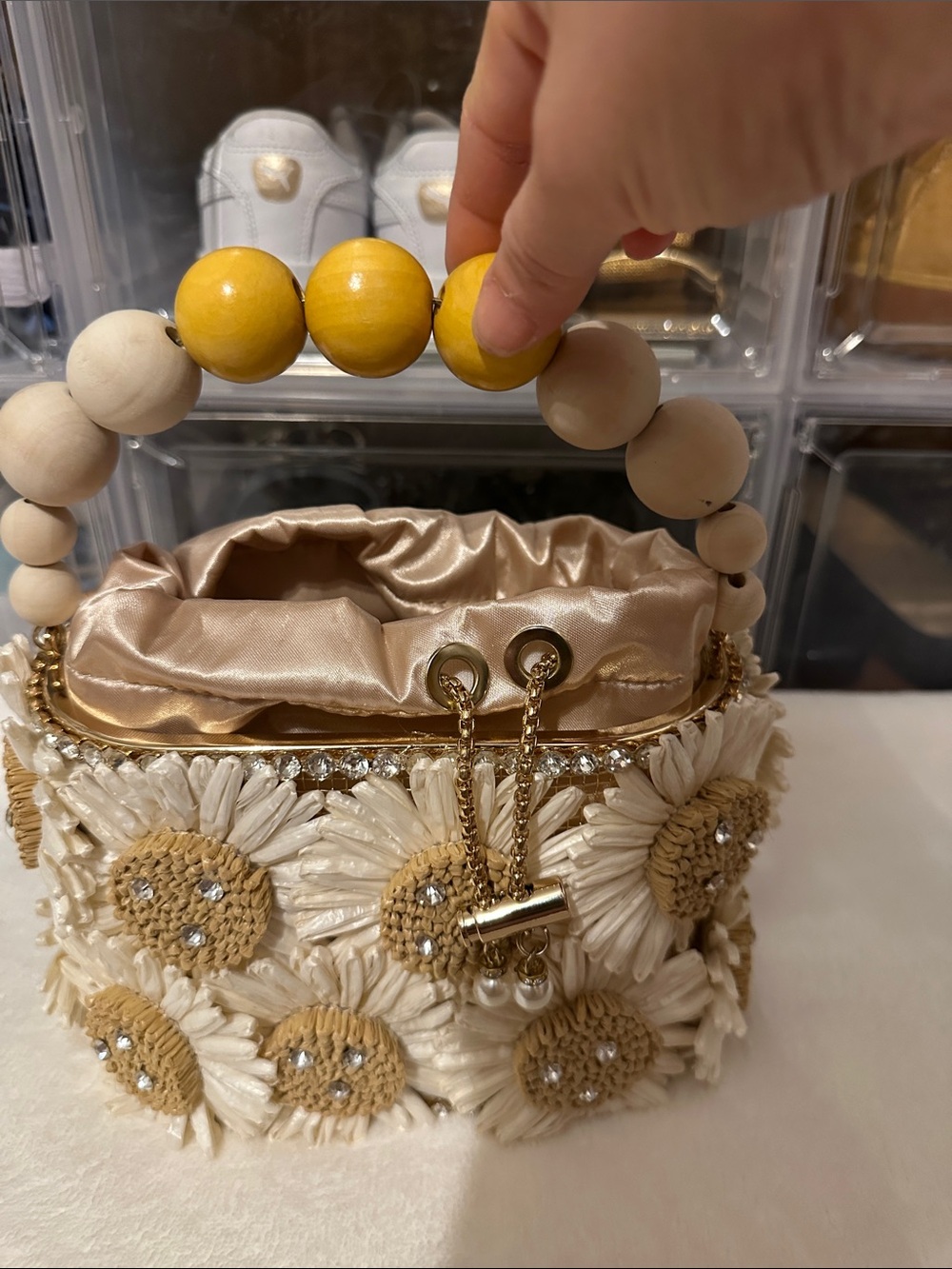 Mini Floral Beaded Drawstring Bag in Cream and Yellow - Picture 5 of 14
